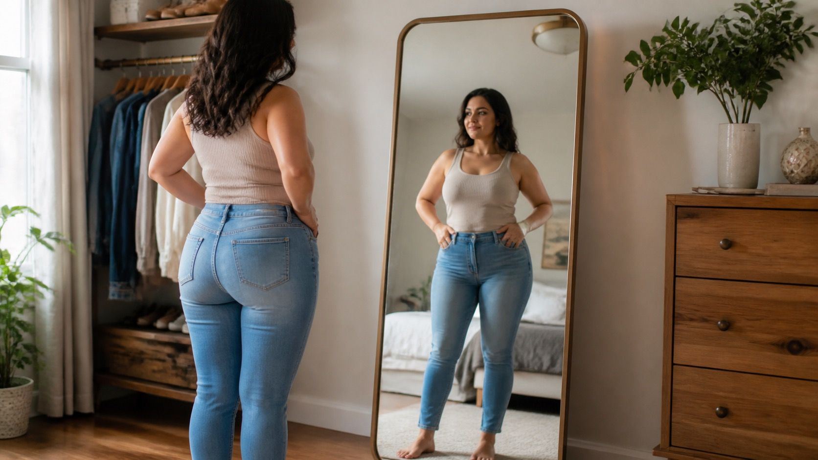 Woman measuring garment proportions in a bedroom mirror