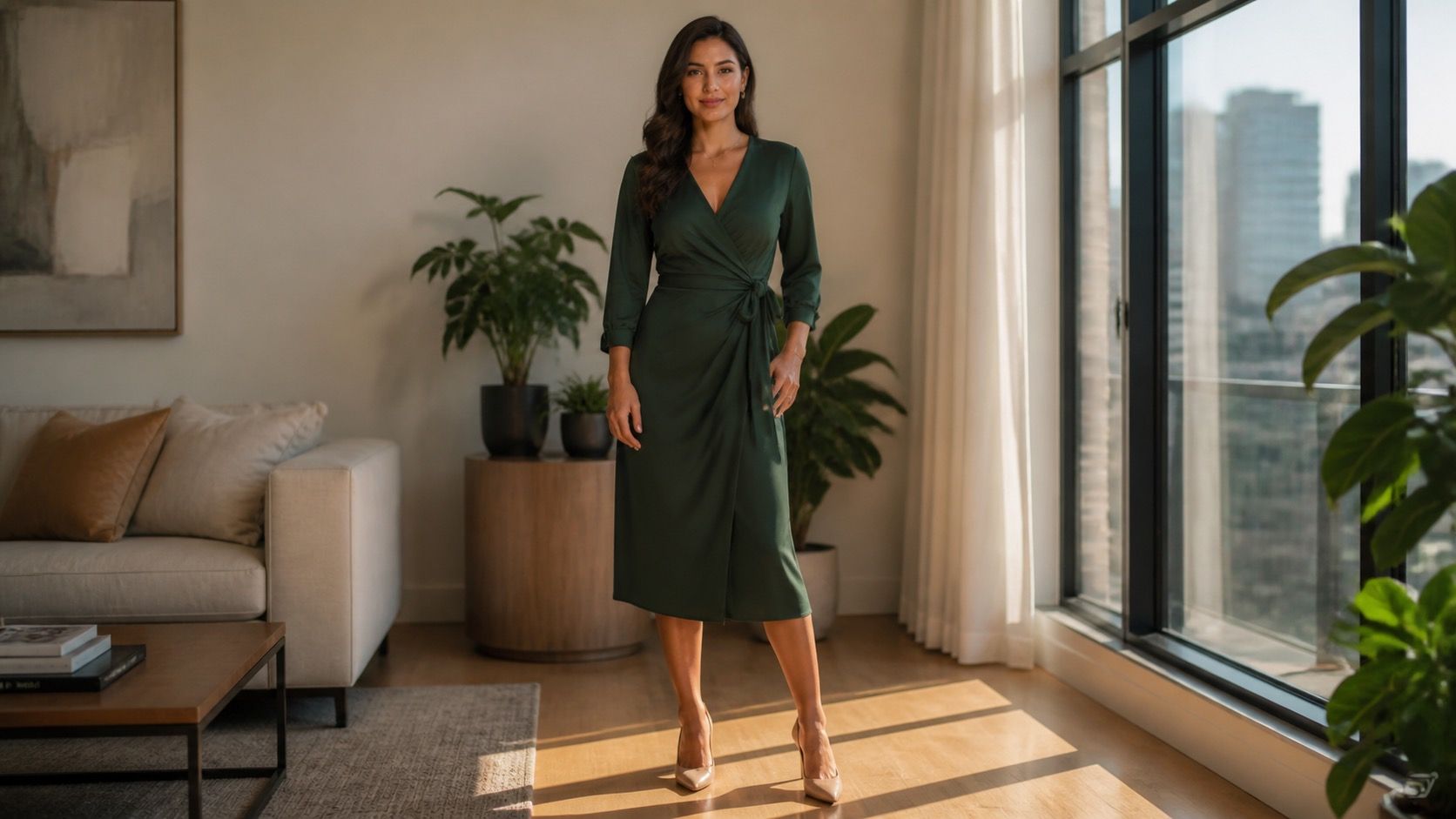 Woman wearing a tailored waist-defined outfit