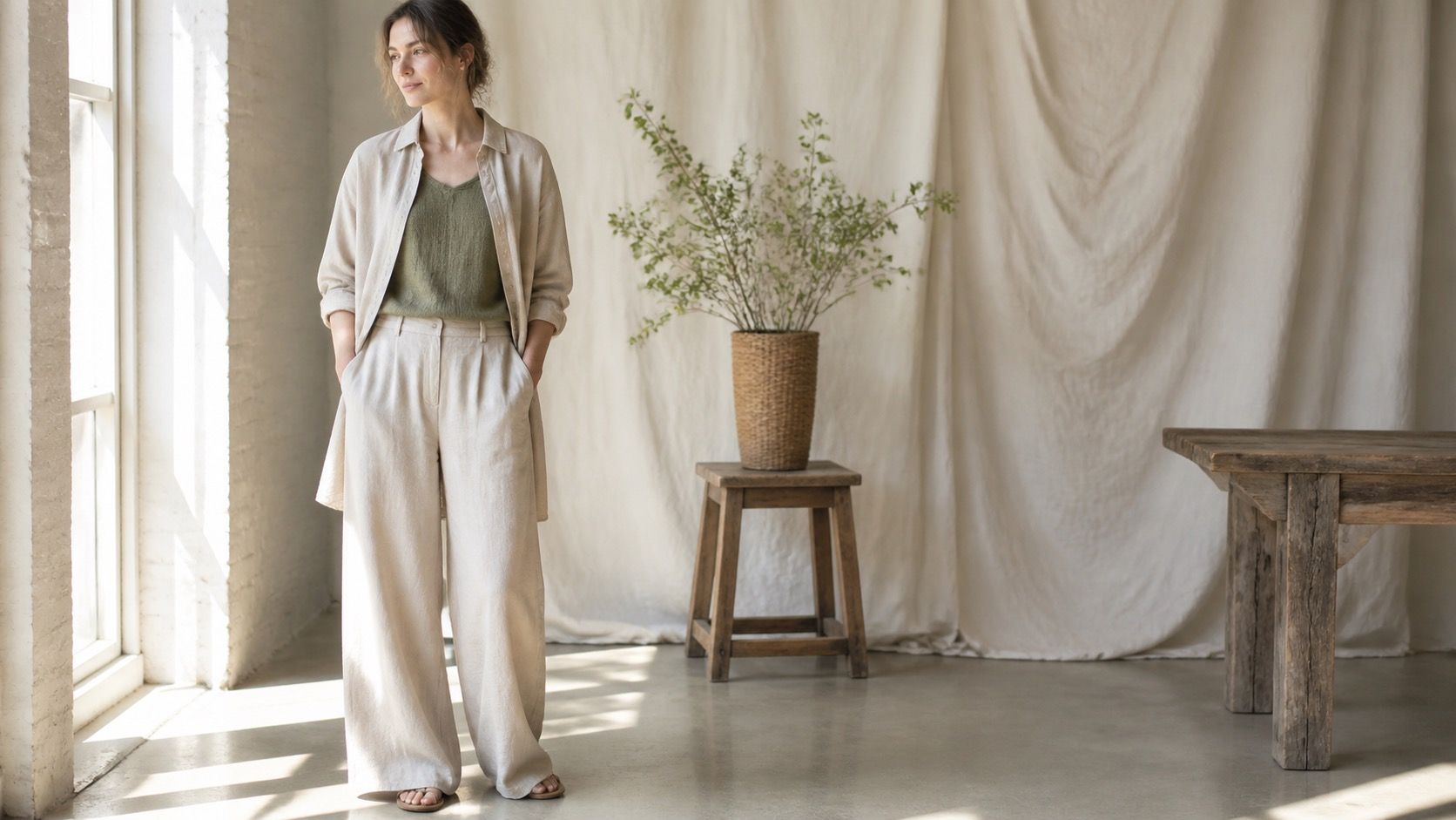 Relaxed textured outfit with an open neckline