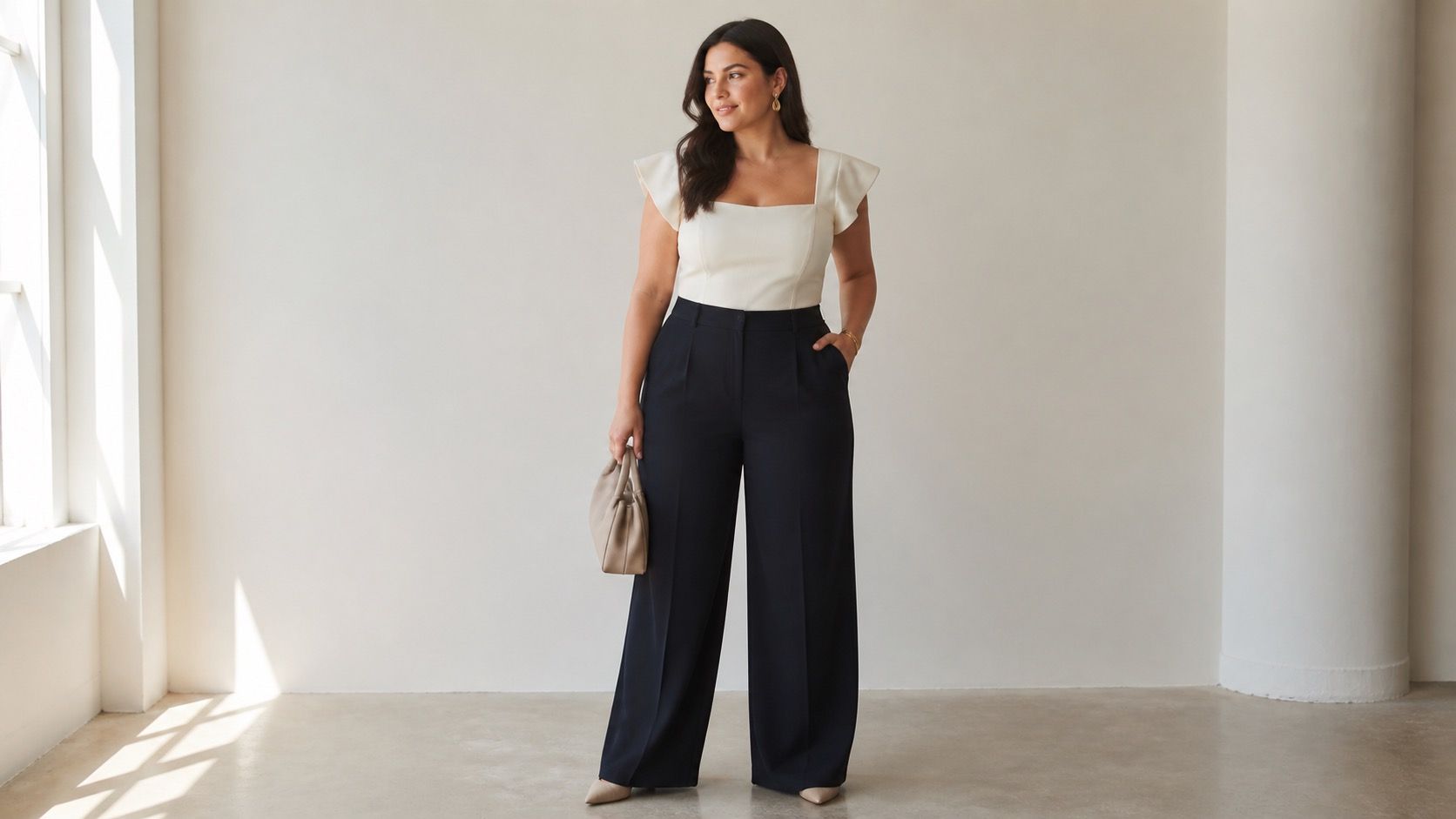 Pear body shape style with balanced shoulders and trousers