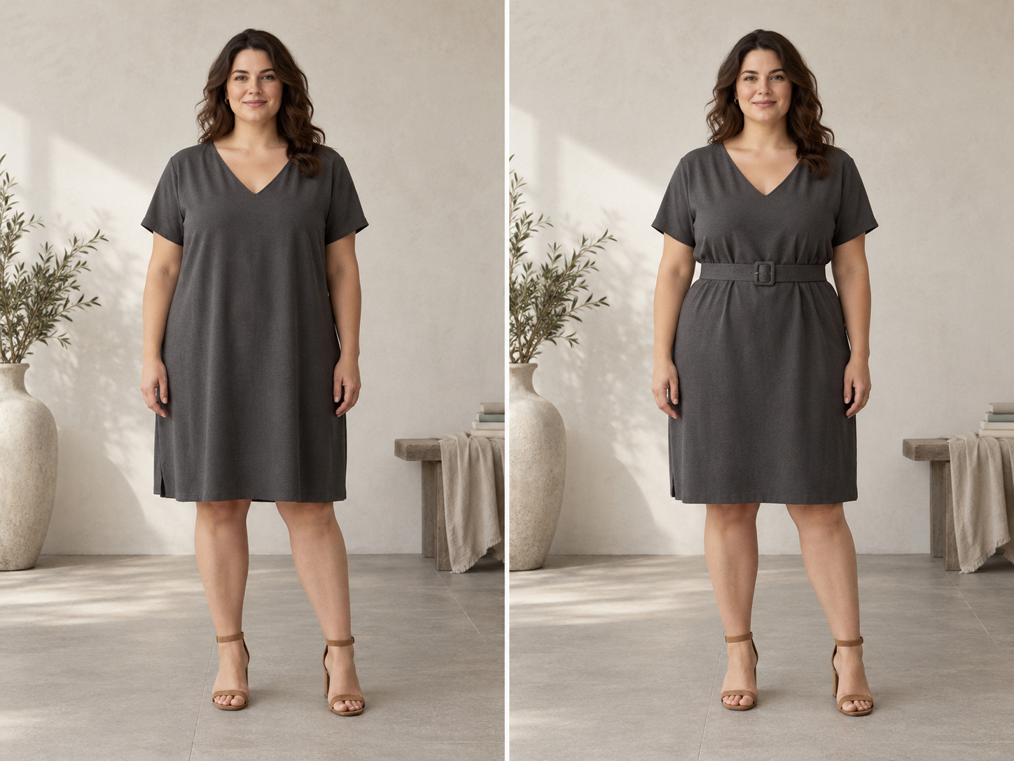 The same woman in two knee-length charcoal dresses, one loose through the waist and one belted.