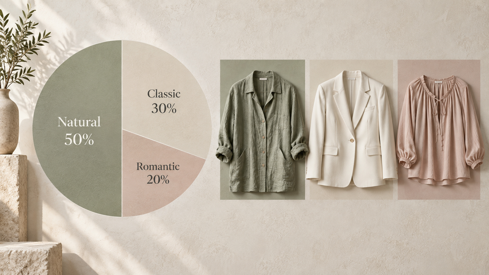 A three-part circle marked Natural 50%, Classic 30%, and Romantic 20% sits beside a linen shirt, ivory jacket, and soft blouse.