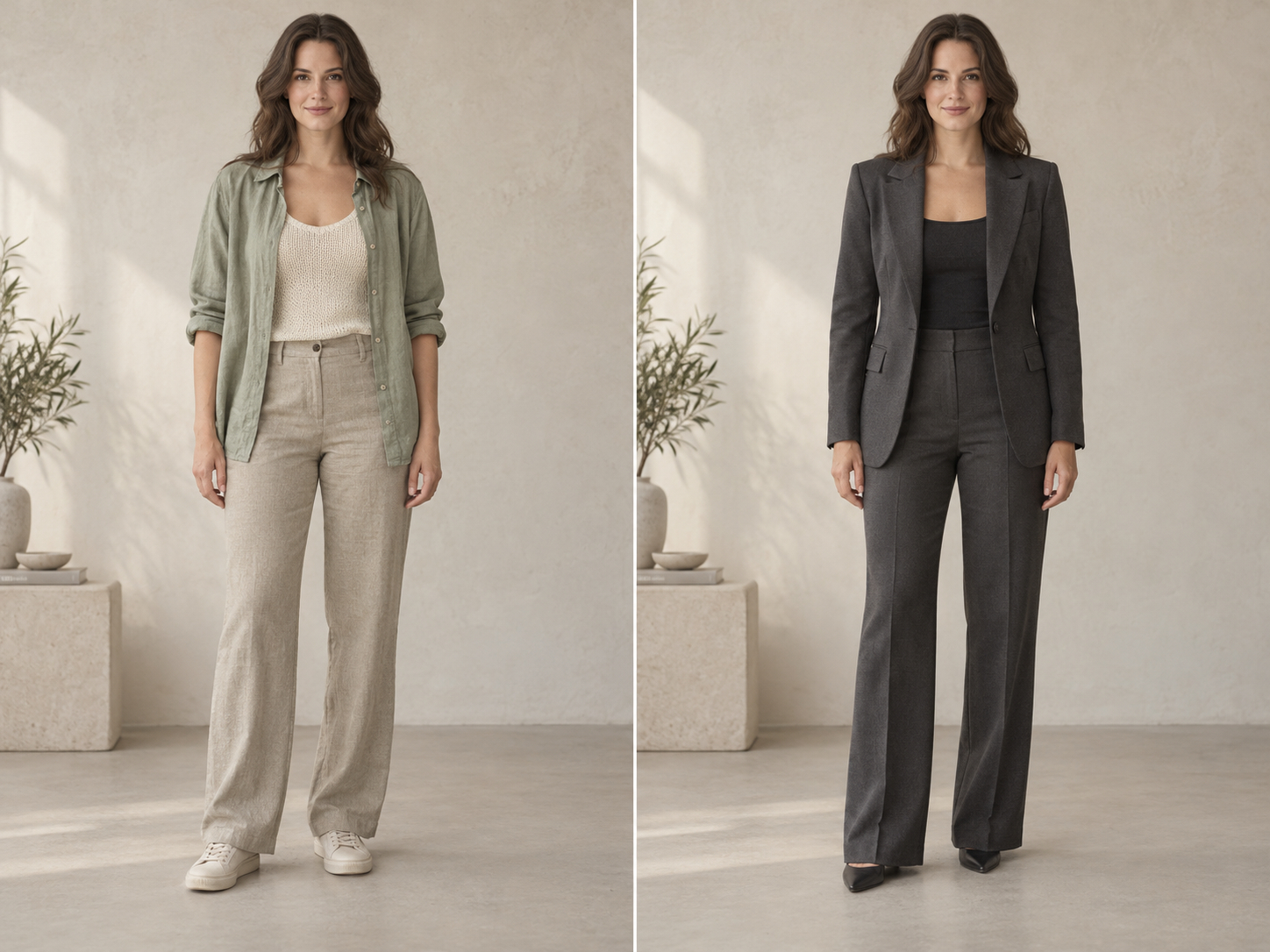The same woman wears a relaxed sage linen layer on the left and a sharply tailored charcoal suit on the right.
