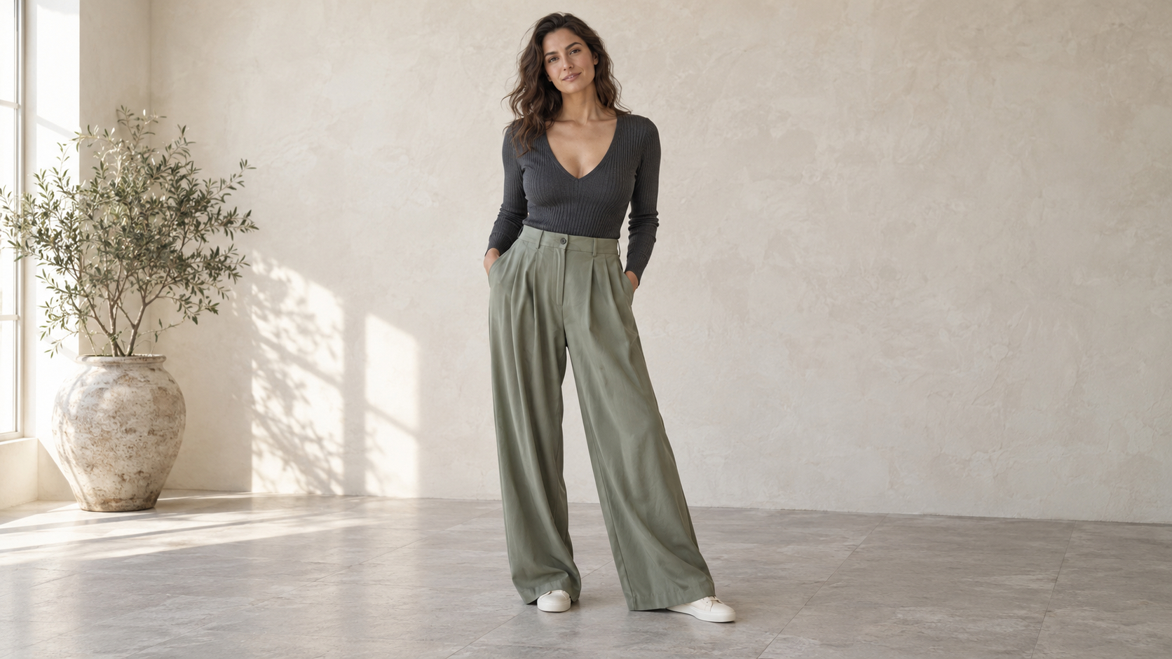 Woman wearing a charcoal V-neck top and high-waisted wide-leg sage trousers.