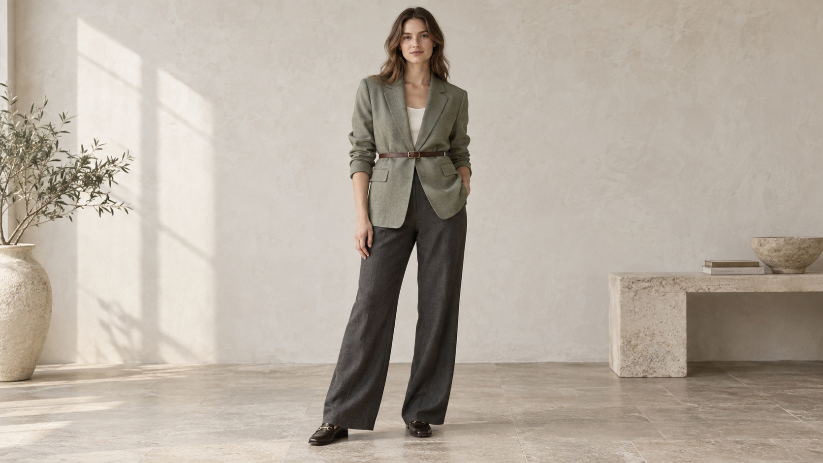 Model in a belted sage blazer and fluid charcoal trousers, showing a defined waist over a straight silhouette.