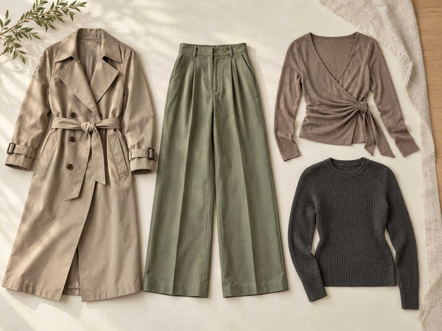 Flat lay of a belted trench coat, sage wide-leg trousers, taupe wrap top, and charcoal fitted sweater.