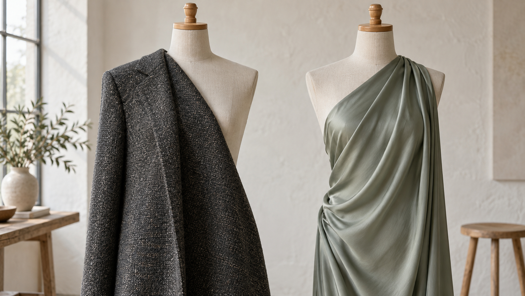 Structured charcoal tweed holds a straight edge on one dress form while sage silk falls in soft folds on another.