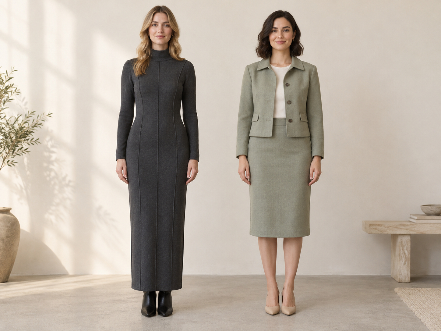 Two women of similar height wear a continuous dark column and a shorter jacket with a contrasting skirt.
