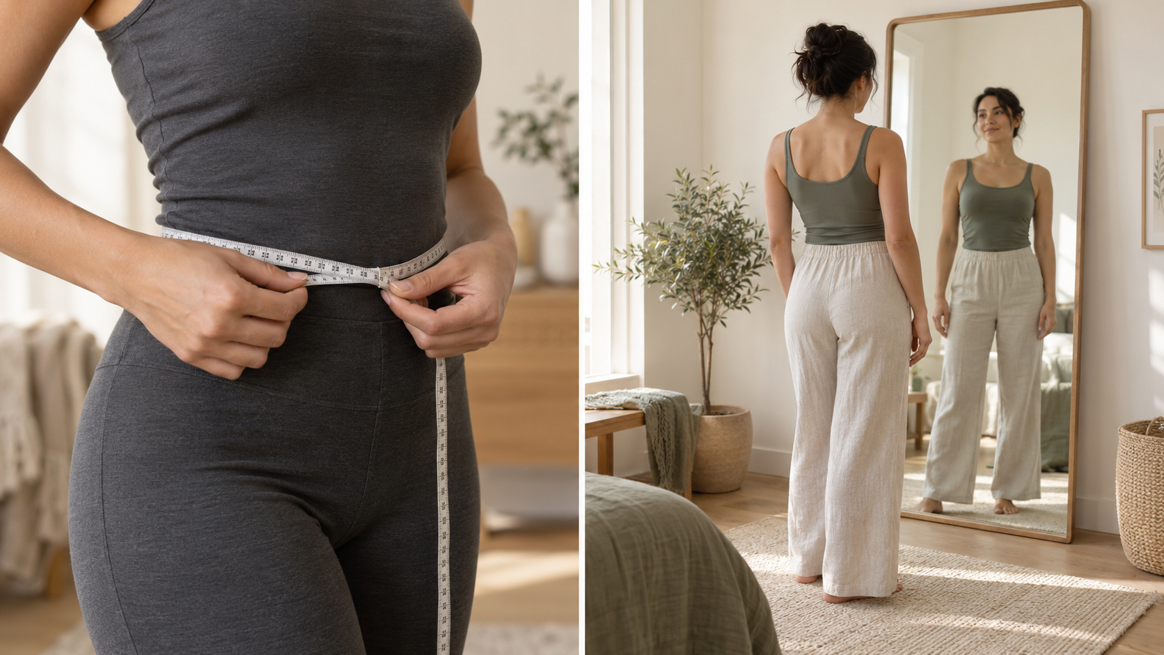 A cloth tape held around a waist beside a person checking her full-length reflection.