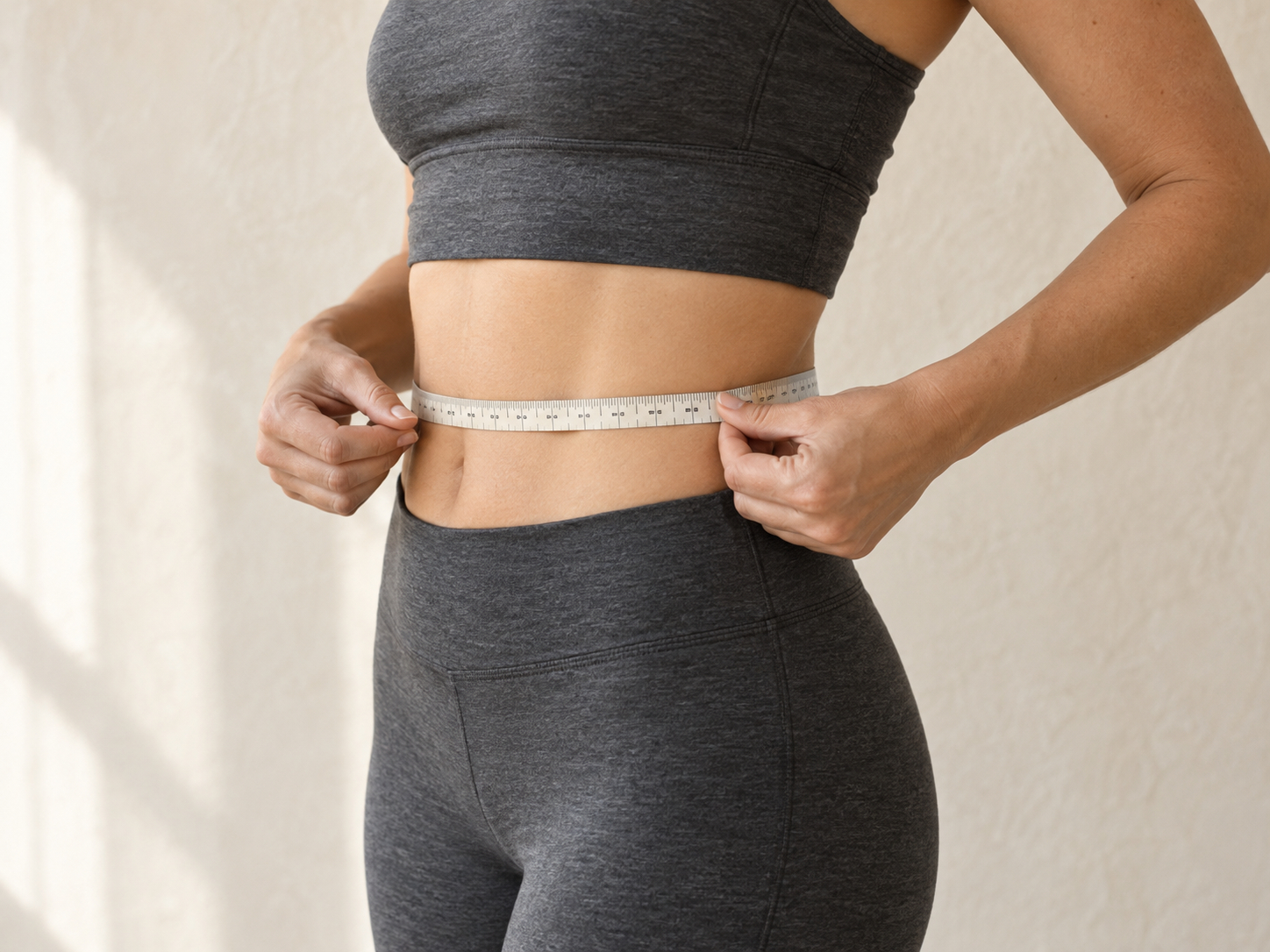 Hands holding a cloth tape level around the natural waist without pressing into the skin.