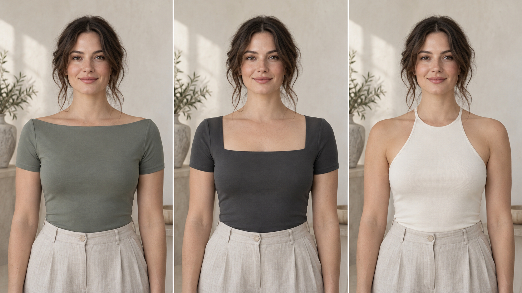 Three views of a woman in boatneck, square-neck, and narrow halter tops.