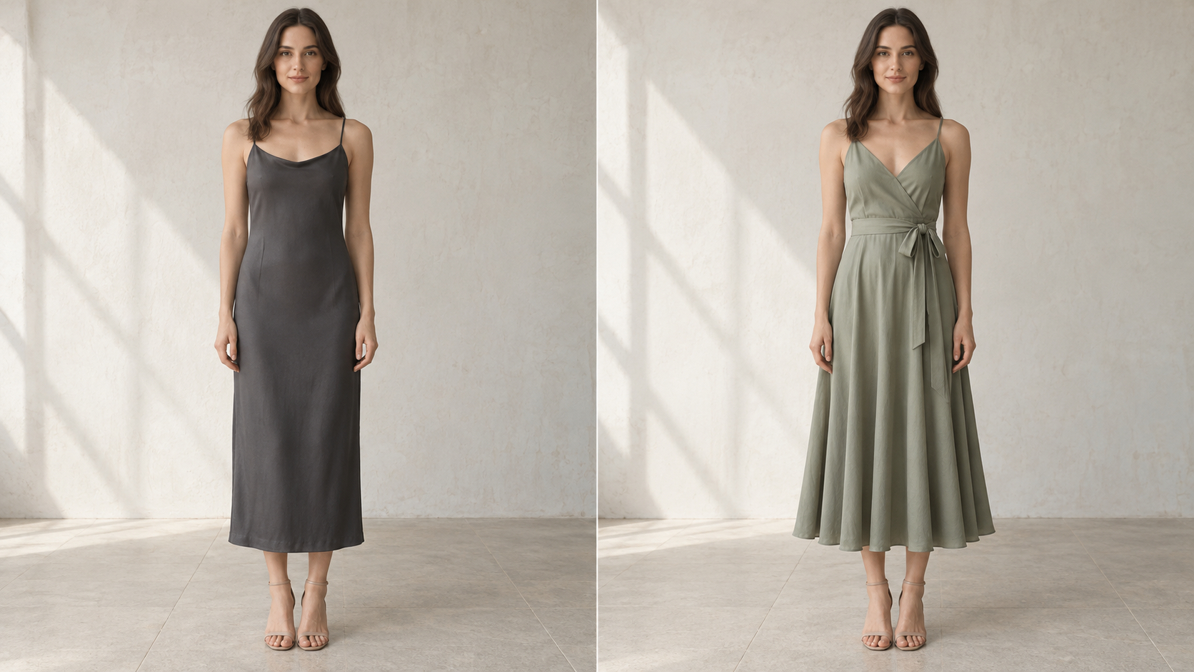 The same model in a straight charcoal slip dress and a sage fit-and-flare dress with a waist sash.