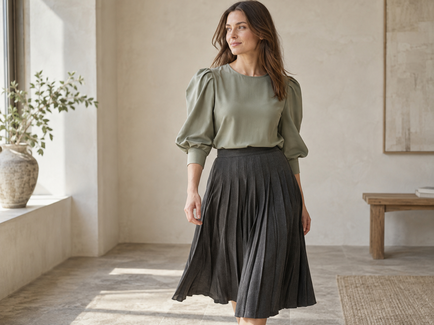 Sage blouse with shaped sleeves tucked into a pleated charcoal A-line skirt.