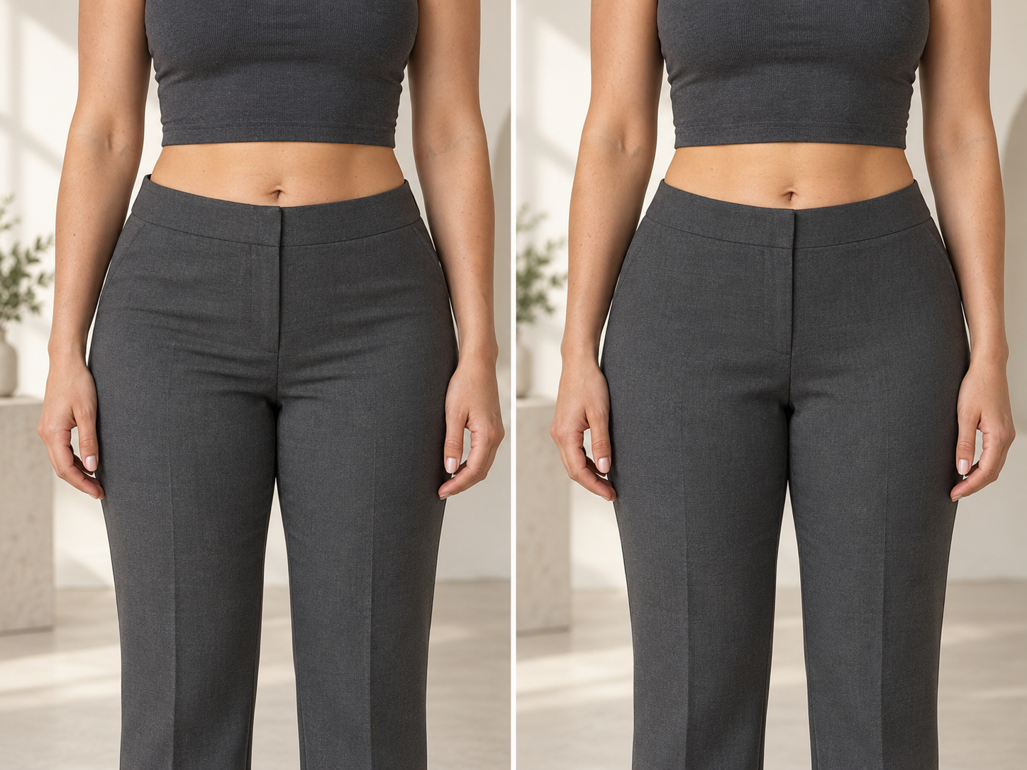 Side-by-side trouser fit close-up: fabric pulls across the upper hip on the left and falls more smoothly on the right.