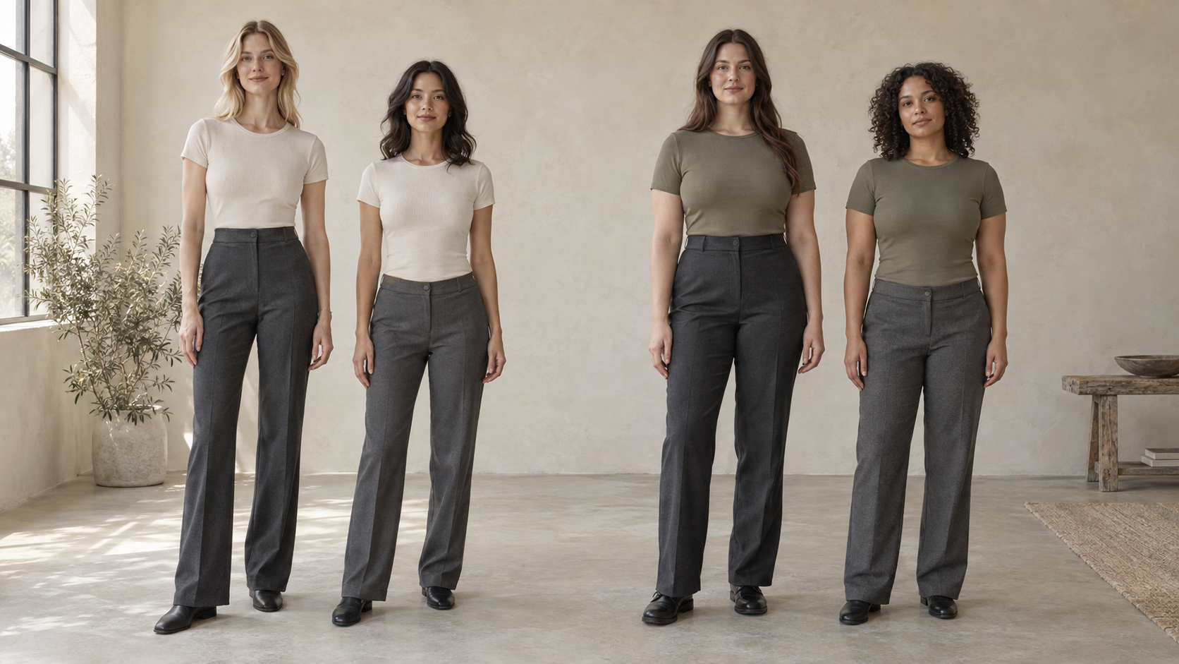 Four women in two pairs wear high-rise and mid-rise trousers, showing different waistband positions on shorter and longer torsos.