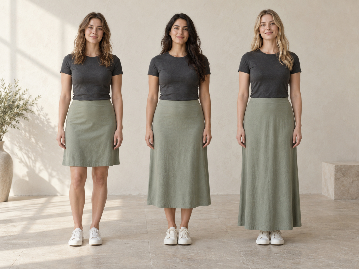 Three women wear knee-length, midi, and maxi skirts, showing different places where the skirt hem interrupts the leg line.